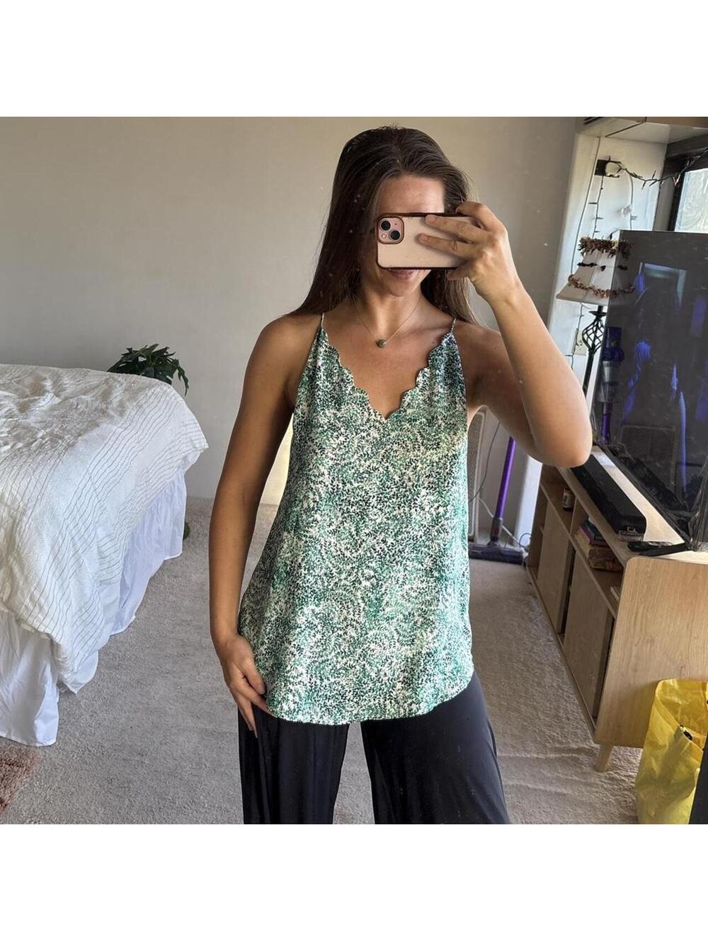 LOFT Outlet Green and White Printed Scalloped Edge Cami Top Size M